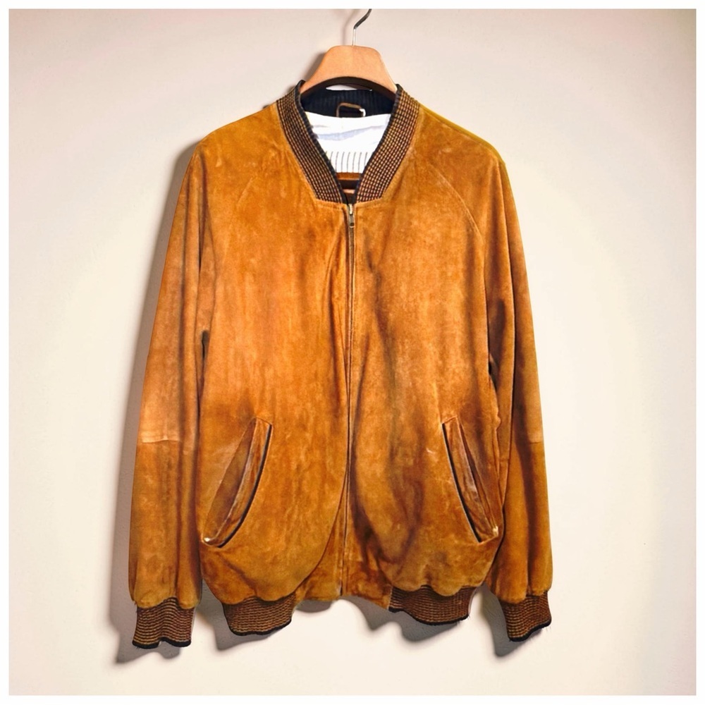 Bijan Men’s Goatskin Suede Bomber Jacket Caramel Cognac Rib Knit Luxury | Large